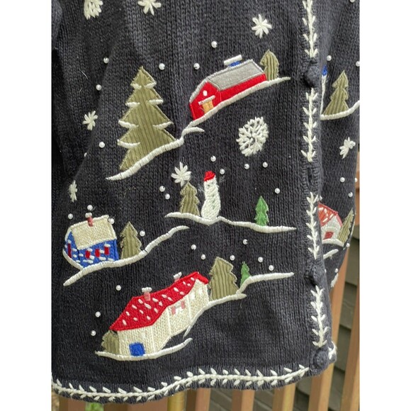 Vintage Erika Cardigan Sweater Petite Large Snowy Village Xmas Winter Holiday - Picture 12 of 16